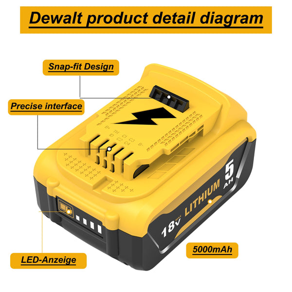 2X 5000mAh Replacement for dewalt battery 18V for dewalt battery DCB184 DCB180 DCB181 DCB182 DCB200 DCB201 DCB204 with LED Indicator