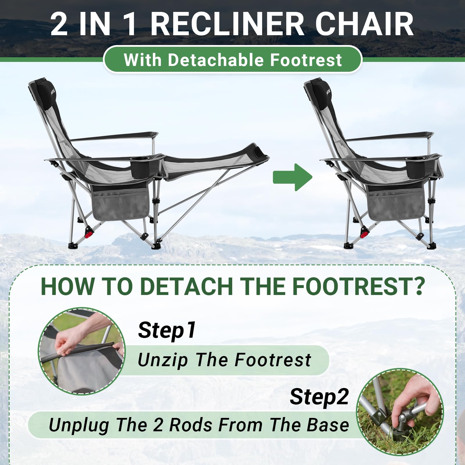 #WEJOY Camping Chairs Folding Recliner Chair Adjustable with Detachable Footrest Headrest Cup Holder Lightweight Portable Reclining Camp Chair Fold Up Chair for Outdoor Beach Garden, Cyan Set of 2