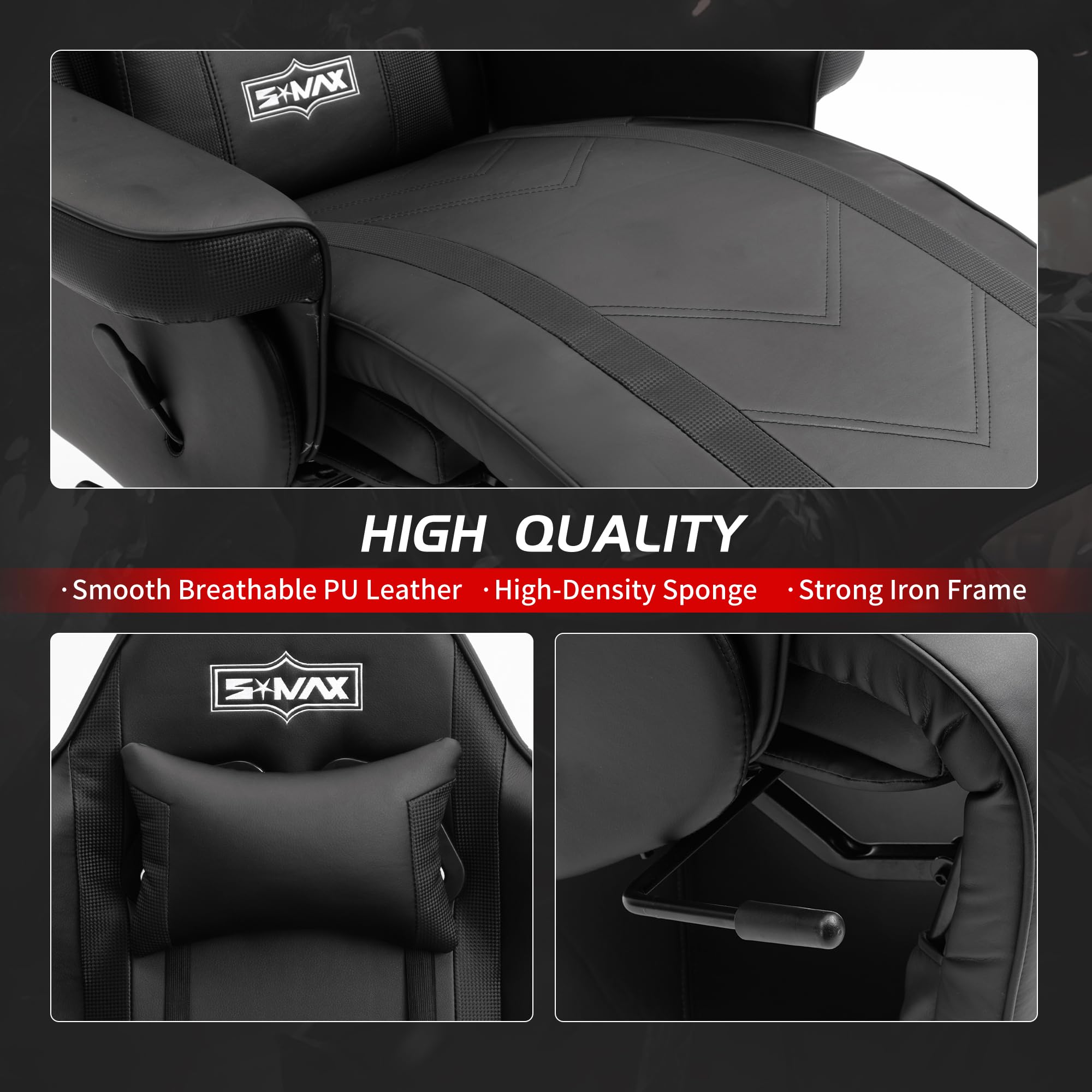 S*MAX Gaming Chair Recliner Height Adjustable Ergonomic Higher Back and Wider Lumbar Support Swivel PU Leather Gaming Chair with Footrest Cup Holder Gamer Chairs for Adults Black X Large