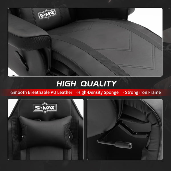 S*MAX Gaming Chair Recliner Height Adjustable Ergonomic Higher Back and Wider Lumbar Support Swivel PU Leather Gaming Chair with Footrest Cup Holder Gamer Chairs for Adults Black X Large