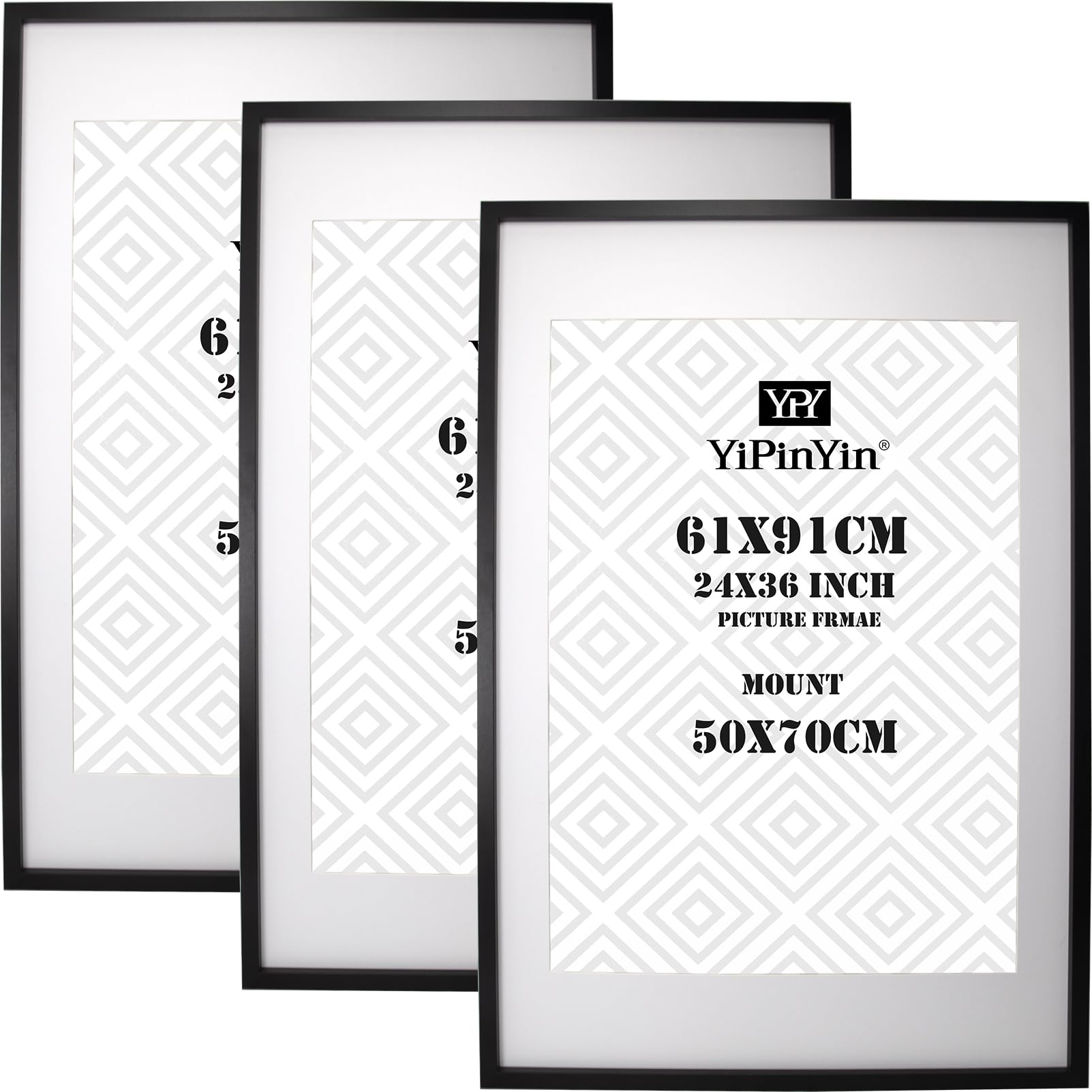 Black 50x70cm Boxed Picture Frames Set of 3 with Mounts for 40x60cm, 70x50cm poster frame with Acid Free mount for 40x60cm photo (Black 3Pack)