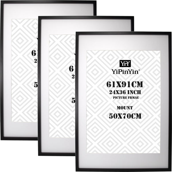 Black 50x70cm Boxed Picture Frames Set of 3 with Mounts for 40x60cm, 70x50cm poster frame with Acid Free mount for 40x60cm photo (Black 3Pack)
