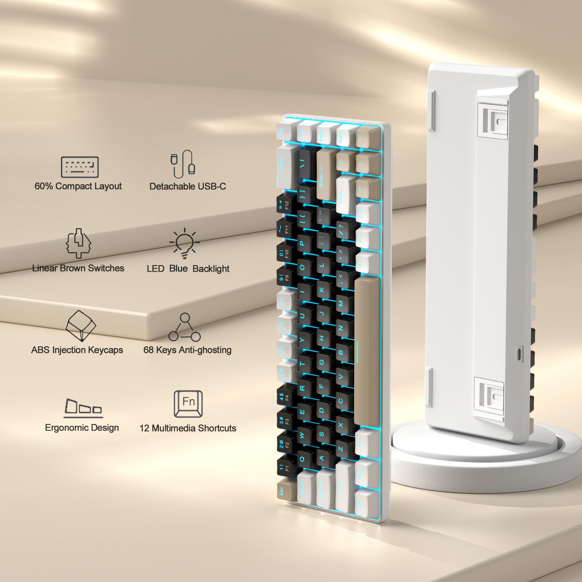 MageGee Portable 60% Gaming Mechanical Keyboard, Minimalist MK-Box Ice Blue Backlit Compact 68 Keys Wired Office Keyboard with Red Switch for Windows Laptop PC Mac Convenient(Gray & White)