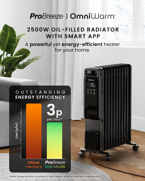 Pro Breeze Smart 2500W 11 Fin Oil Filled Radiator with Digital Display and WiFi Smart App, Thermostat, 24Hr Timer, 3 Heat Modes, Child Lock, Overheat & Tip-Over Protection Oil heater for Home - Black