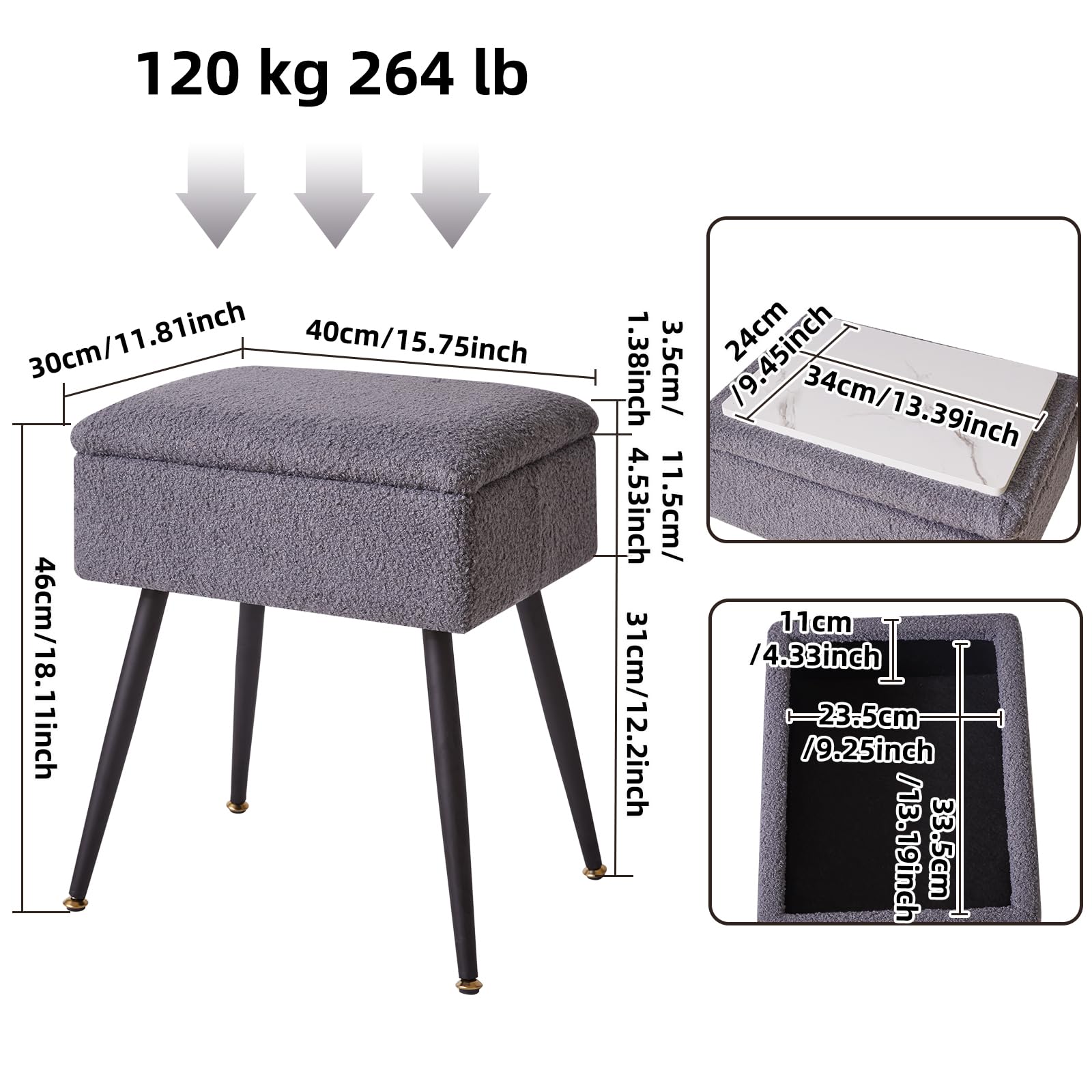 Aibiju Stool Chair for Dressing Table, Faux Teddy Fur Vanity Stool with Storage, Bedroom Ottoman Stool with Metal Legs for Home Living Room, Bedroom,