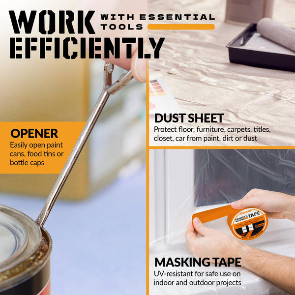 RAULDE 10 Pieces Paint Roller Set - Includes a Paint Tray, Brush, Large and Mini Rollers & Sleeves, Paint Repellent Masking Tape, Paint Mixer - Roller Set for Painting Walls, Edges & Ceilings