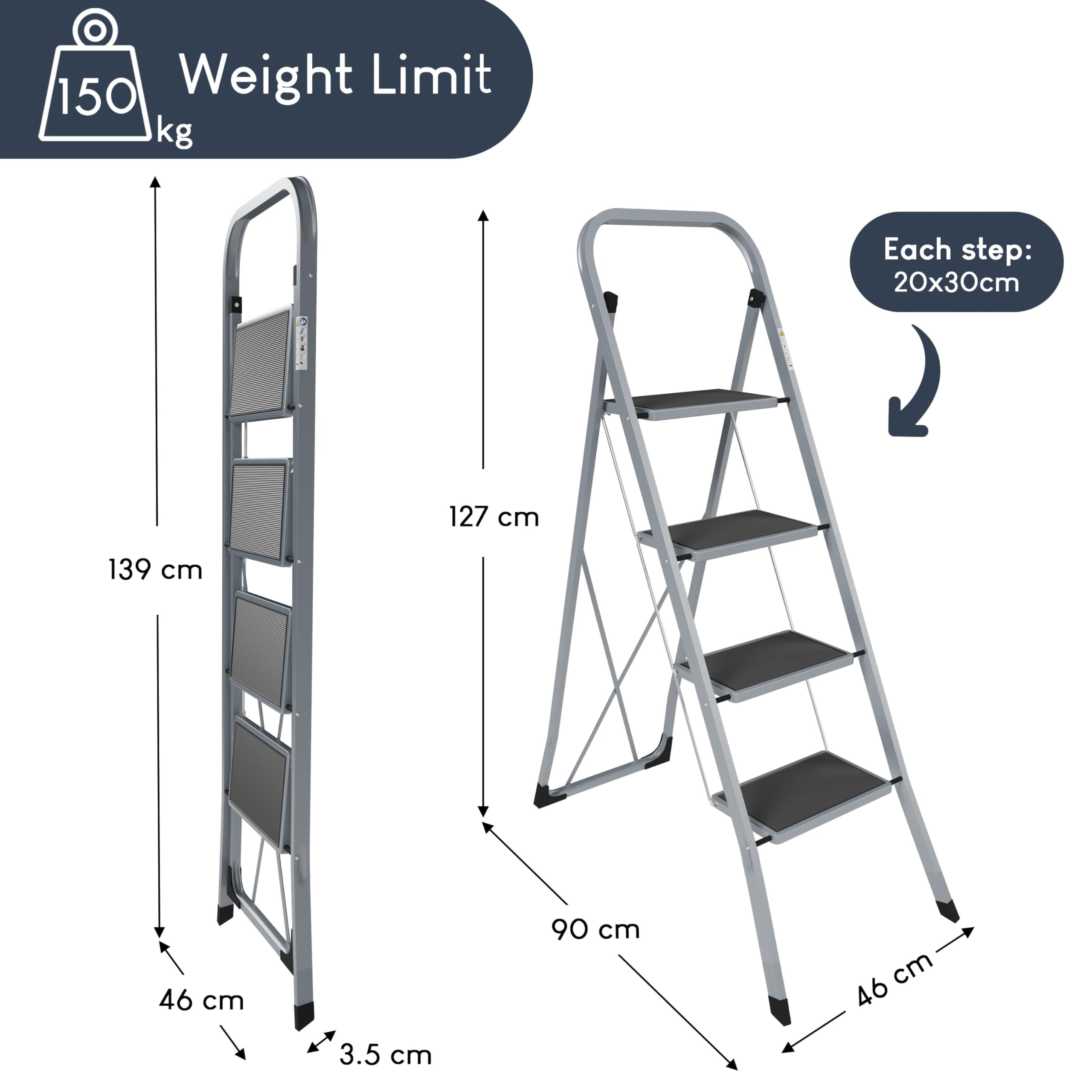 Home Vida 3 Step Ladder - Heavy Duty Steel Folding Ladder with Slip-Resistant and Wide Steps, Folding Mechanism, 150kg Max Load, Home/Kitchen/DIY/Garden Use, White