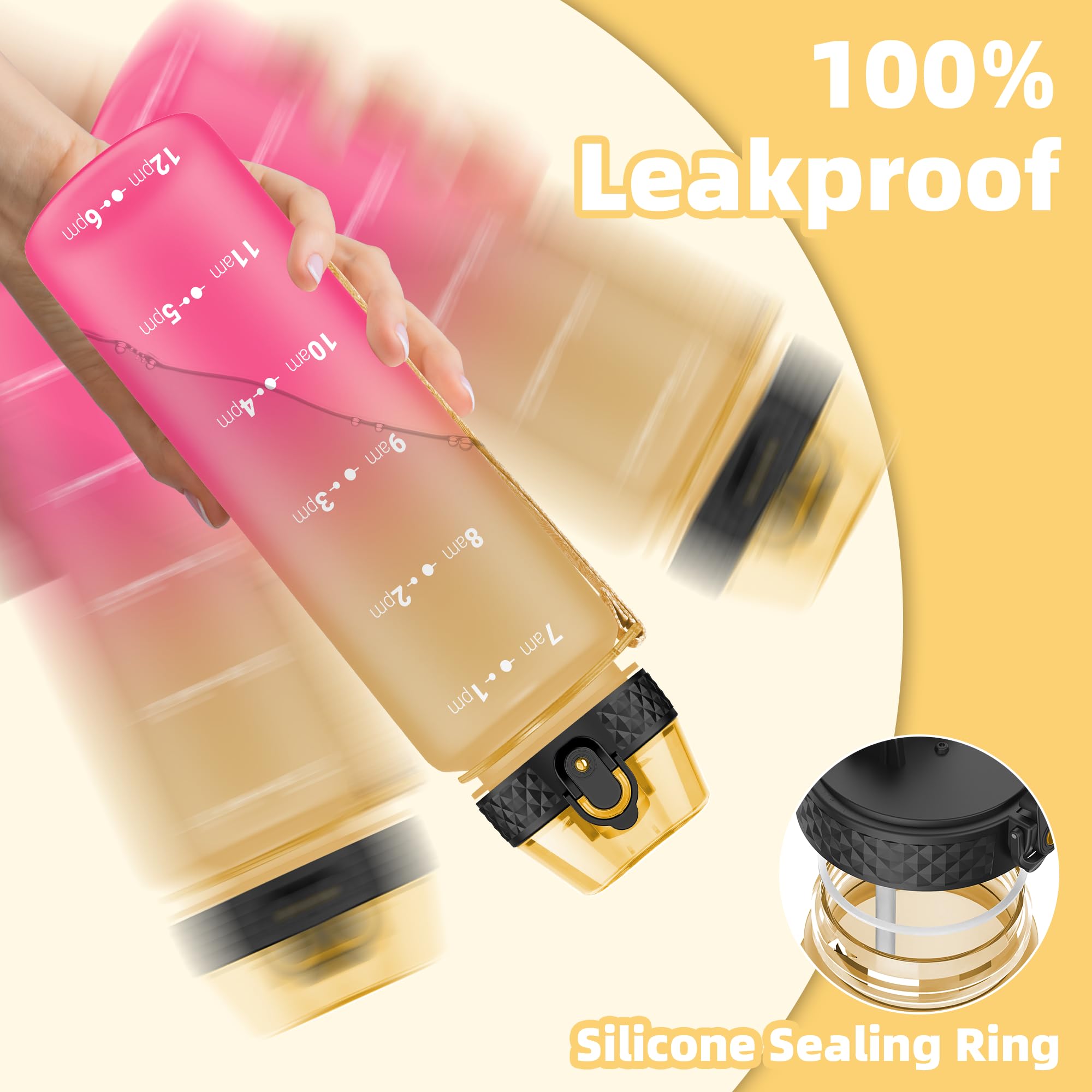 OLDLEY 1L/32oz Sports Water Bottle, 1000ml Motivational Drinks Bottle with Time Markings Leak Proof Drink & Lock Cover & No Straw, BPA Free for Adults Women Men Gym School Cycling Running Hiking