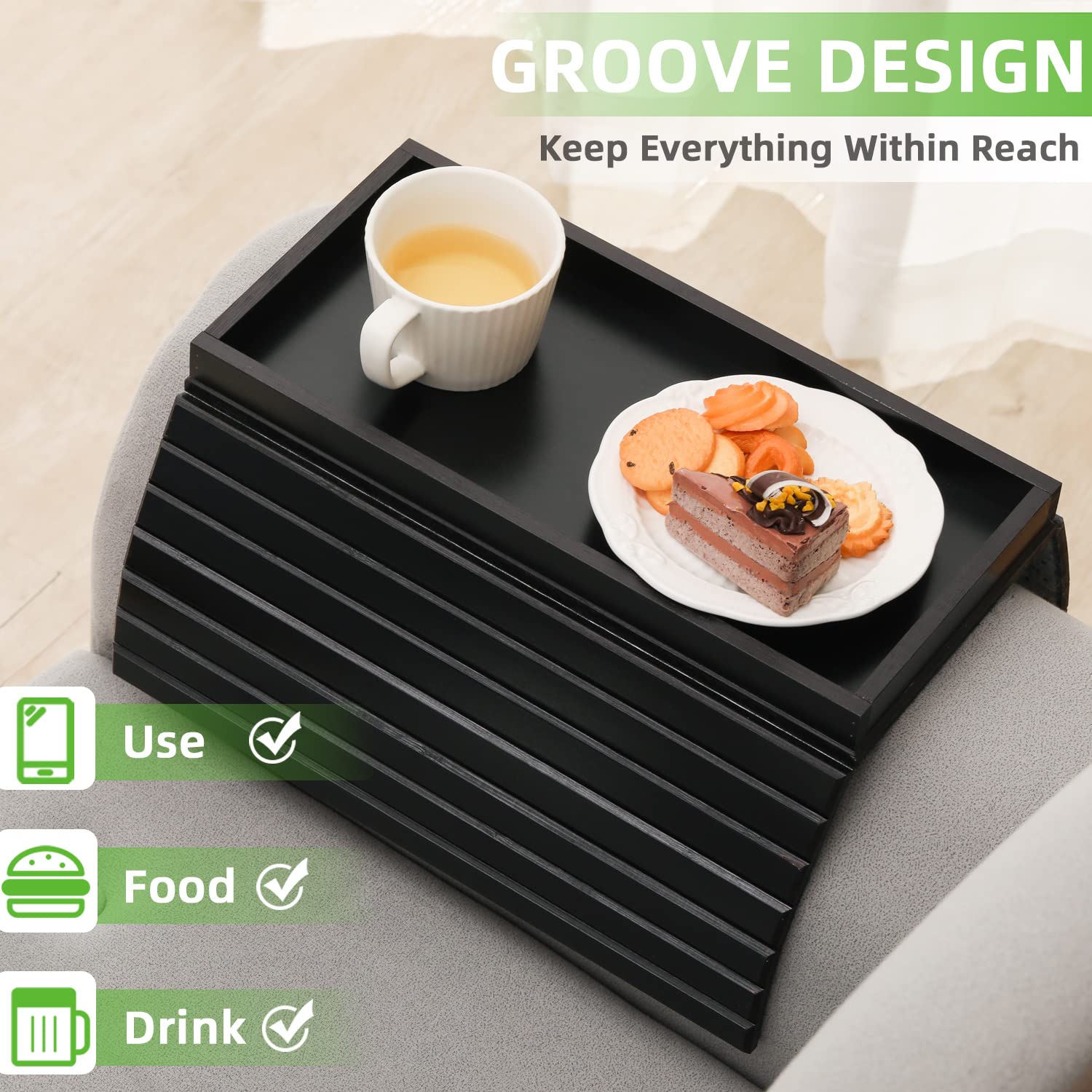 GEHE Natural Bamboo Sofa Arm Tray, Armrest Tray Table Anti-Slip, Couch Cup Holder for Snacks, Phone, Control, Cups, Flexible and Foldable, Black