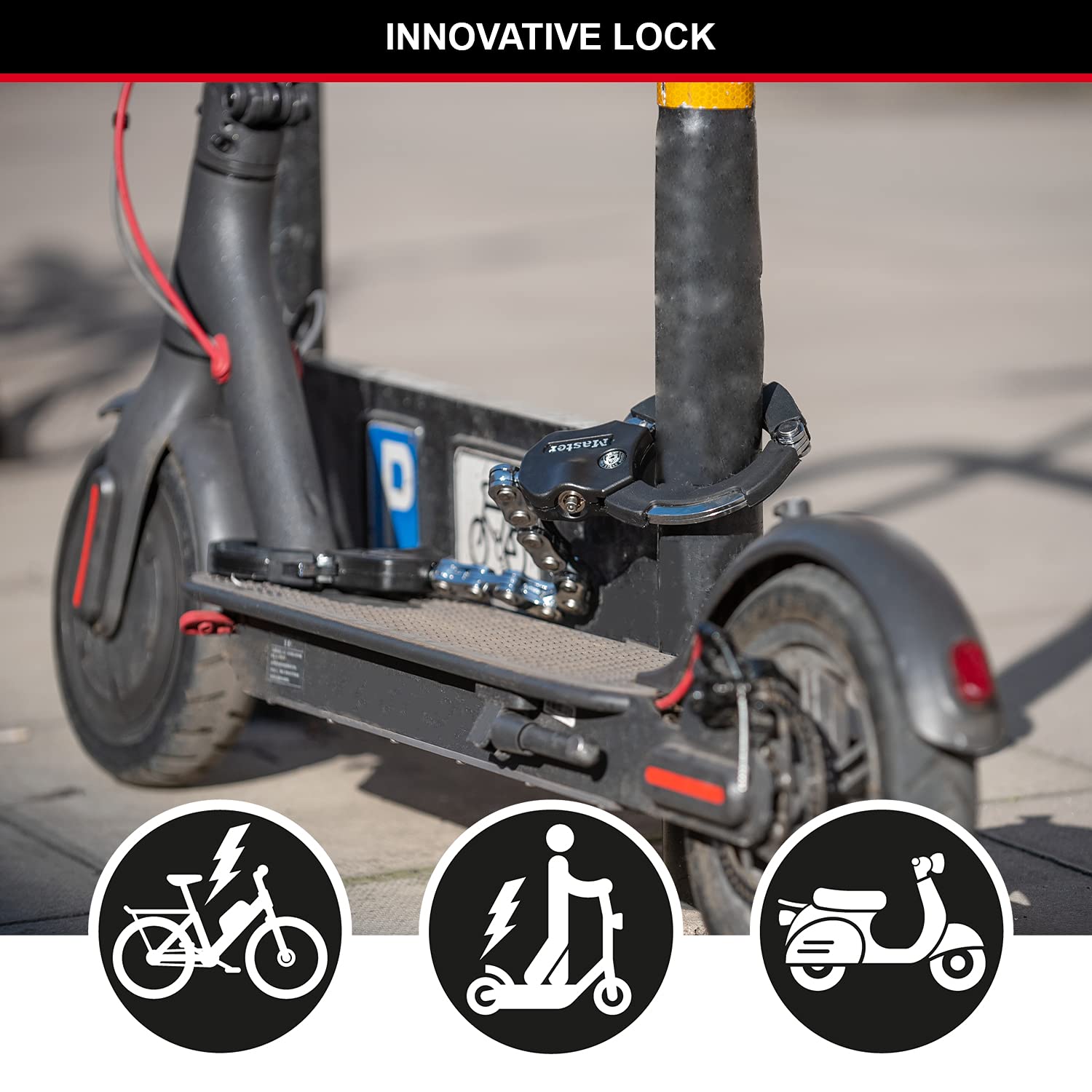 MASTER LOCK Police Approved Bike Lock and E-Scooter Lock, Hardened Laminated Steel, 4 Keys, 550 x 76 x 27 mm, for e bike scooter quad, Silver