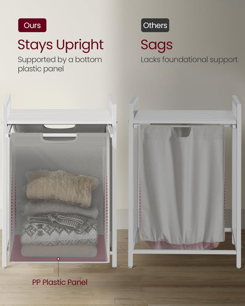 VASAGLE Laundry Basket, Laundry Hamper, Pull-Out and Removable Liner Bag, Shelf, Metal Frame, 65 L, 50 x 33 x 72 cm, Ink Black and Rustic Brown BLH101B01