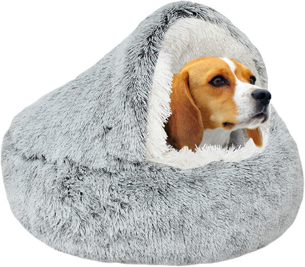 SUOXU Calming Cat Bed Small Dog Bed,Warm Cosy Soft Plush Winter Indoor Cat Cave Bed,Anti Slip Bottom Machine Washable Anti-Anxiety Hooded Pet Bed Sofa