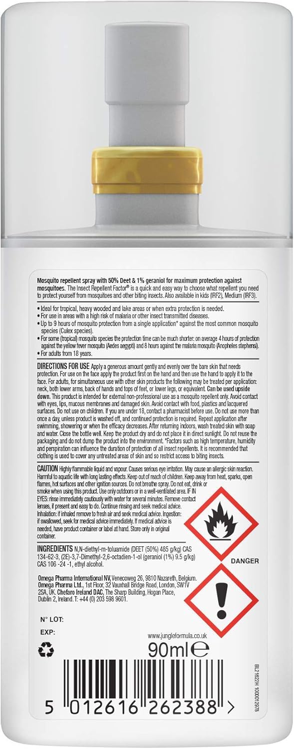 Jungle Formula Maximum Strength Insect Repellent Aerosol Spray (90ml - 50% DEET) - Up To 9 Hour Protection Against Mosquitoes, Ticks & Biting Insects - Mosquito Repellent For Travel & Domestic Use