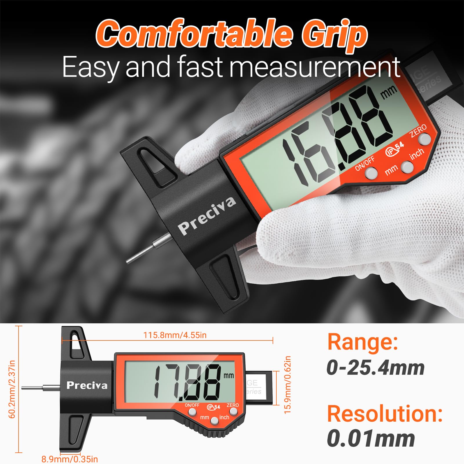 Tyre Tread Depth Gauge, Preciva Silver 0-25.4mm/Inch Digital Tire Checker UK, Tyres Depths Measuring Tool with Large LCD Screen for Cars, Trucks, Vans