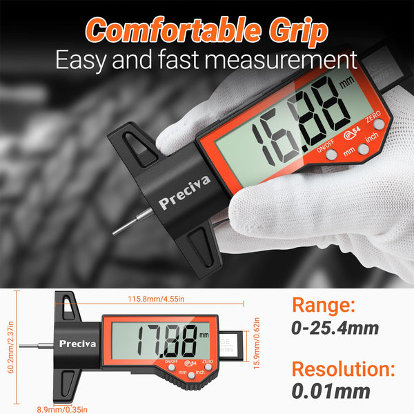 Tyre Tread Depth Gauge, Preciva Silver 0-25.4mm/Inch Digital Tire Checker UK, Tyres Depths Measuring Tool with Large LCD Screen for Cars, Trucks, Vans