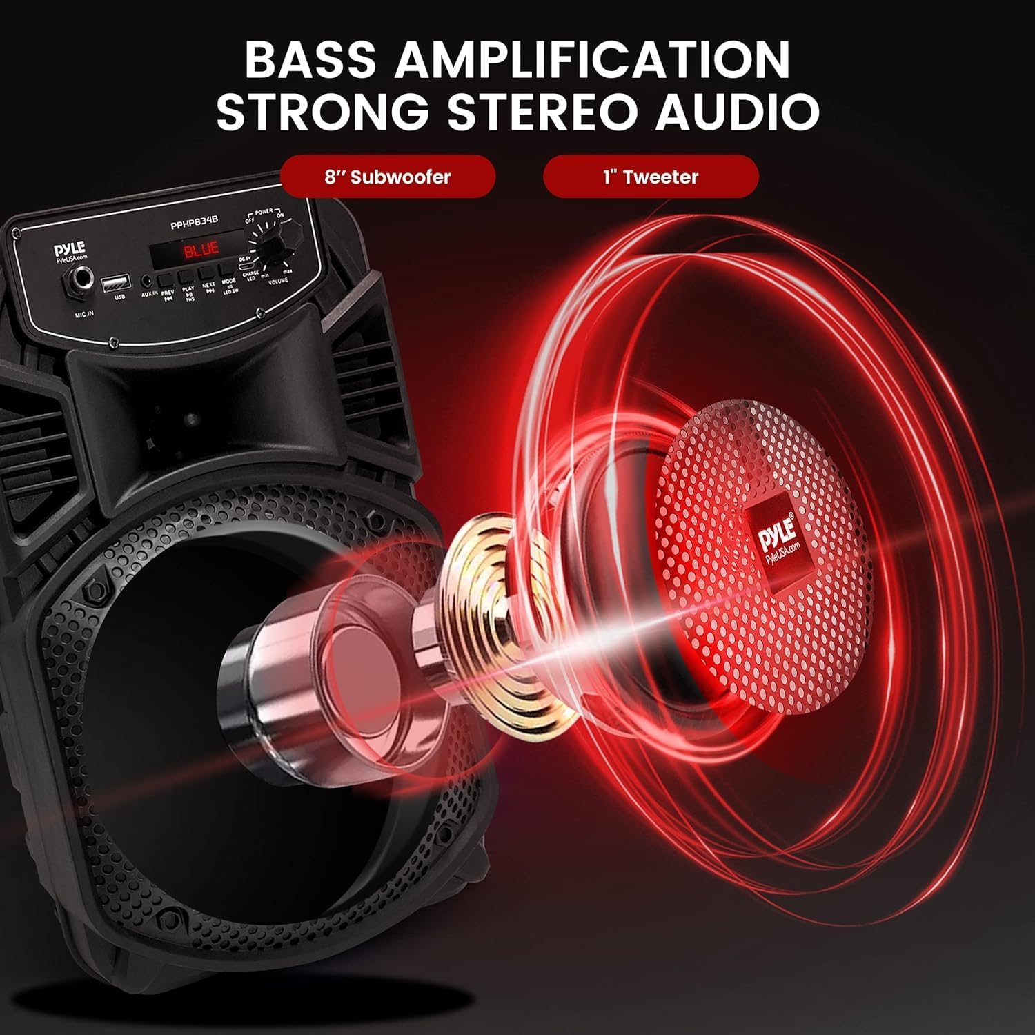 Pyle Wireless Bluetooth Party Speaker, PA Speaker System-300W Rechargeable Outdoor, Portable System w/ 8” Subwoofer 1” Tweeter, Loudspeaker- w/Lights, Mic & Guitar Port, USB/Radio, with Remote