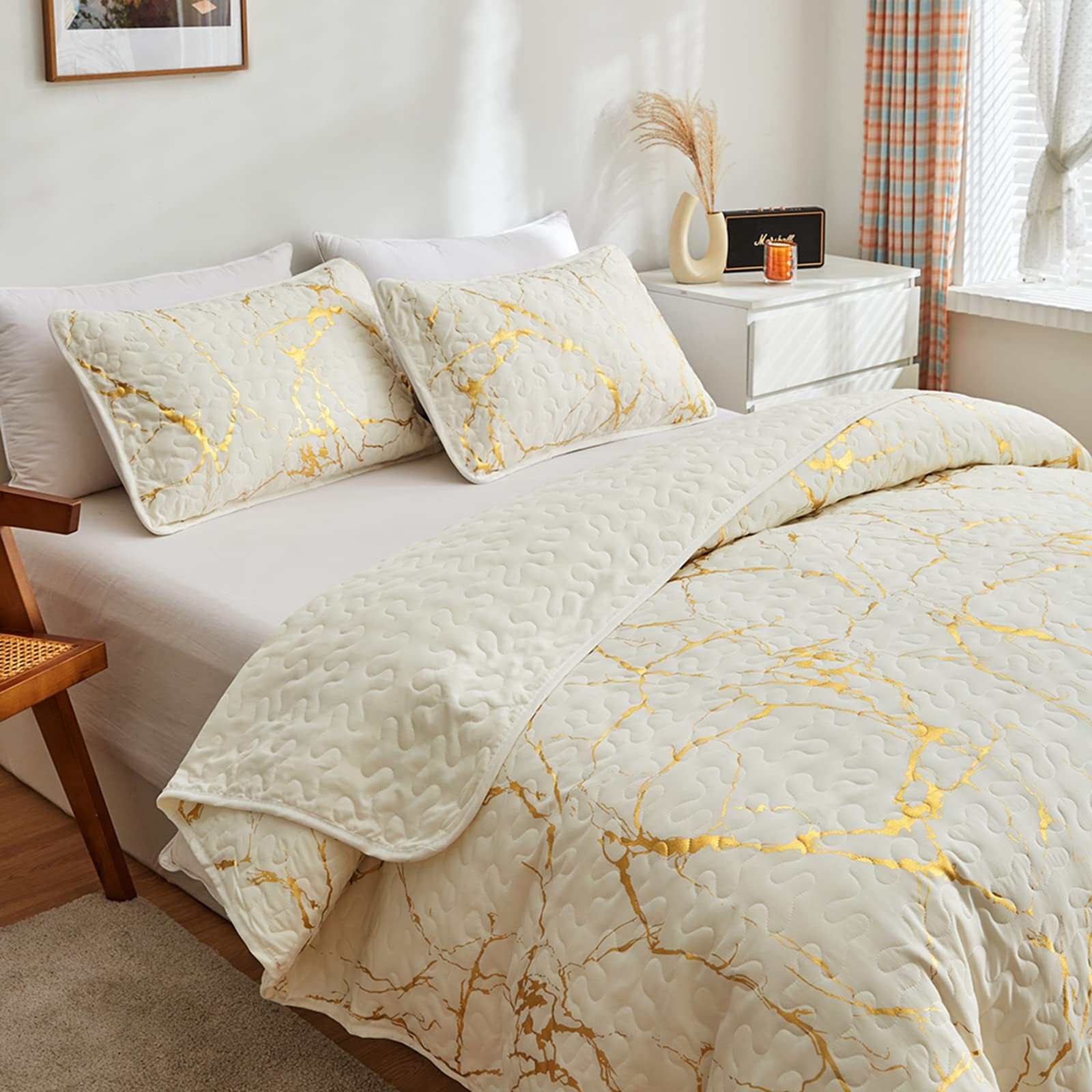 HAVOP Bedspread King Size Set Beige Quilted Bedspreads Luxury Gold Marble Printed Beige Ivory Soft Microfiber Lightweight Bedspread Coverlet All