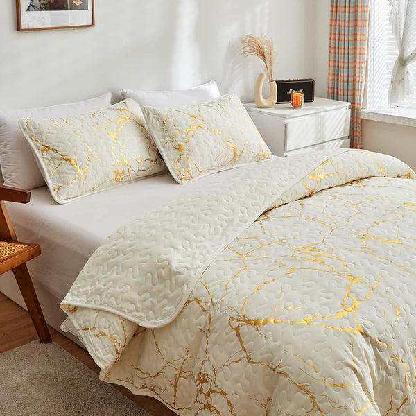 HAVOP Bedspread King Size Set Beige Quilted Bedspreads Luxury Gold Marble Printed Beige Ivory Soft Microfiber Lightweight Bedspread Coverlet All