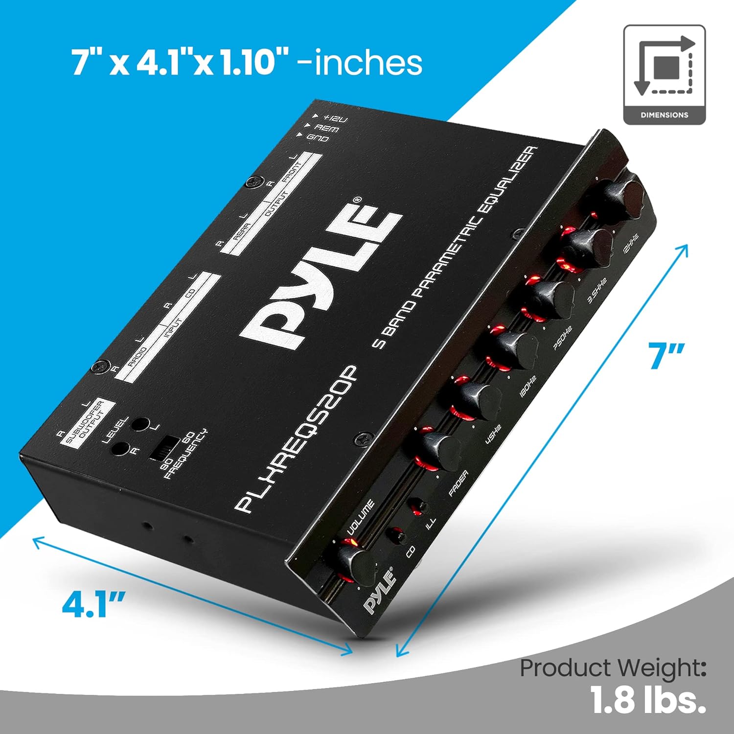 Pyle Car Audio Equalizer, Half-DIN 5-Band Parametric Equalizer with Subwoofer Gain Control, RCA AUX Input, Preamp Outputs, Fader, Adjustable Frequency, LED Illumination, 12V Trigger (7” x 4” x 1”)