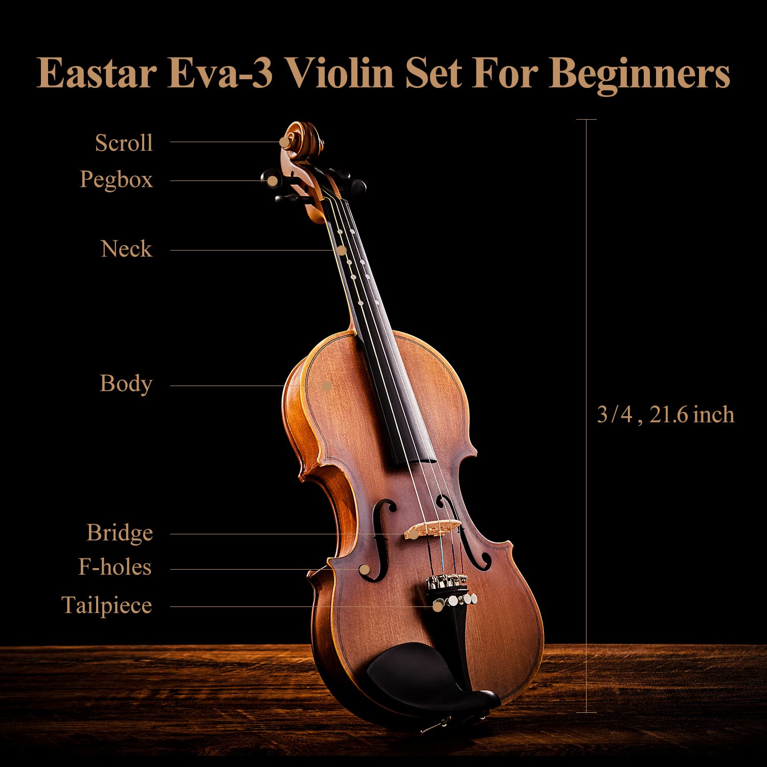 Eastar 3/4 Violin Set Fiddle for Beginners with Hard Case, Rosin, Shoulder Rest, Bow, and Extra Strings (Imprinted Finger Guide on Fingerboard)， EVA-3