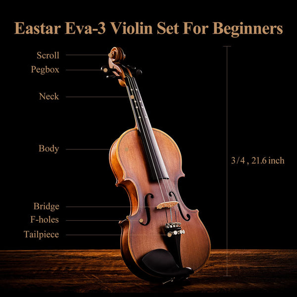 Eastar 3/4 Violin Set Fiddle for Beginners with Hard Case, Rosin, Shoulder Rest, Bow, and Extra Strings (Imprinted Finger Guide on Fingerboard)， EVA-3