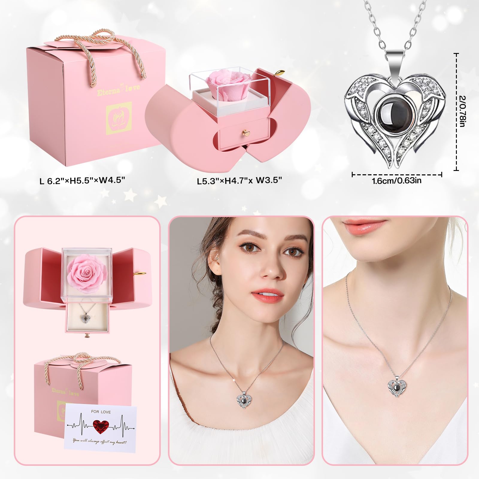Firestyle Preserved Real Rose Gifts for Women,Mum,Wife,Eternal Flowers Rose with I Love You Necklace in 100 Languages,Gifts for her on Birthday,