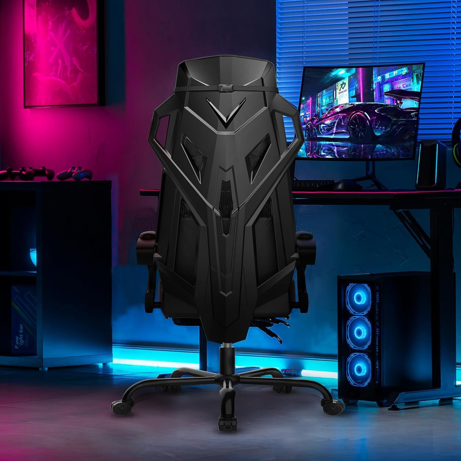 GTPLAYER Mesh Gaming Chair with Footrest 3D Stereoscopic Frame Support Ergonomic Fabric Cover Desk Chair Reclining Computer Chair Height Adjustable Office Chair - Black