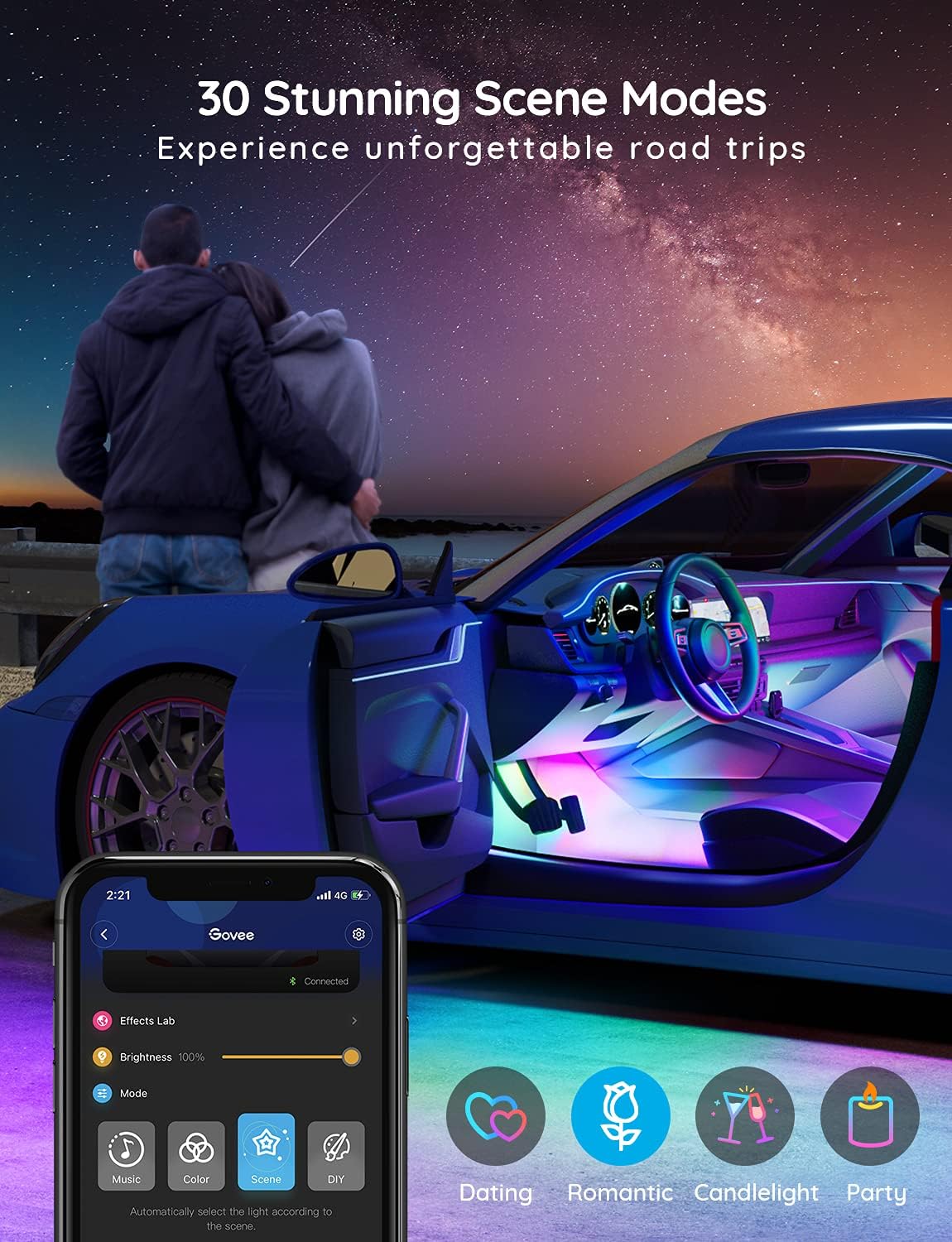 Govee RGBIC Interior Car Lights with App Control, Segmented Colour, 2-Line Design Lighting Kit, DIY Effects, Music and 30 Scene Modes for Cars