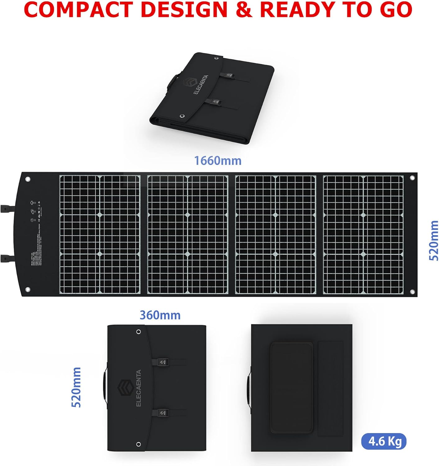 ELECAENTA 60W Foldable Solar Panel ETFE Solar Charger USB-C PD45W QC3.0 DC 18V for Portable Solar Generator Power Station Smartphones Outdoor Power Backup Waterproof Dustproof, 1.6KG