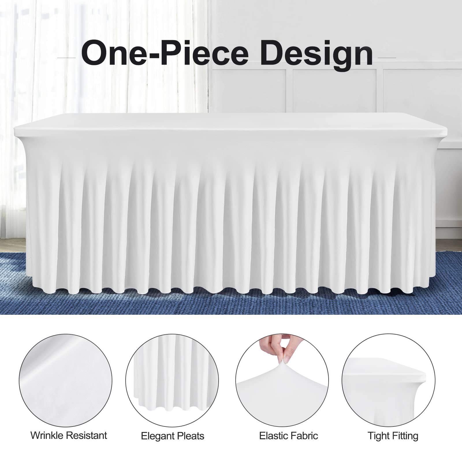 BDDC Rectangle Table Skirts - 8ft One Piece White Table Cover with Wrinkle Resistant Ruffles for Banquets, Weddings & Parties