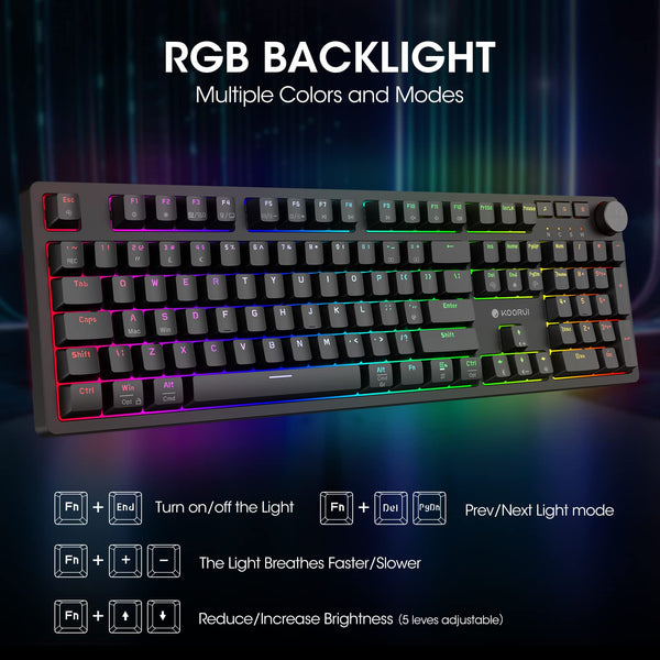 KOORUI Gaming Keyboards, 26 RGB Backlit Mechanical Keyboard Wired 104 Keys Full Size UK Layout with Blue Switch Gamer Keyboards for Windows MacOS Linux