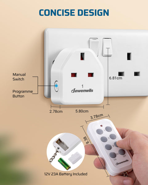 DEWENWILS Remote Control Plug Socket, 13A/3120W Heavy Duty Wireless Light Switch, 30m/100ft Long Range, Programmable for Bedroom, Garbage, 3 Pack Sockets and 1 Remote
