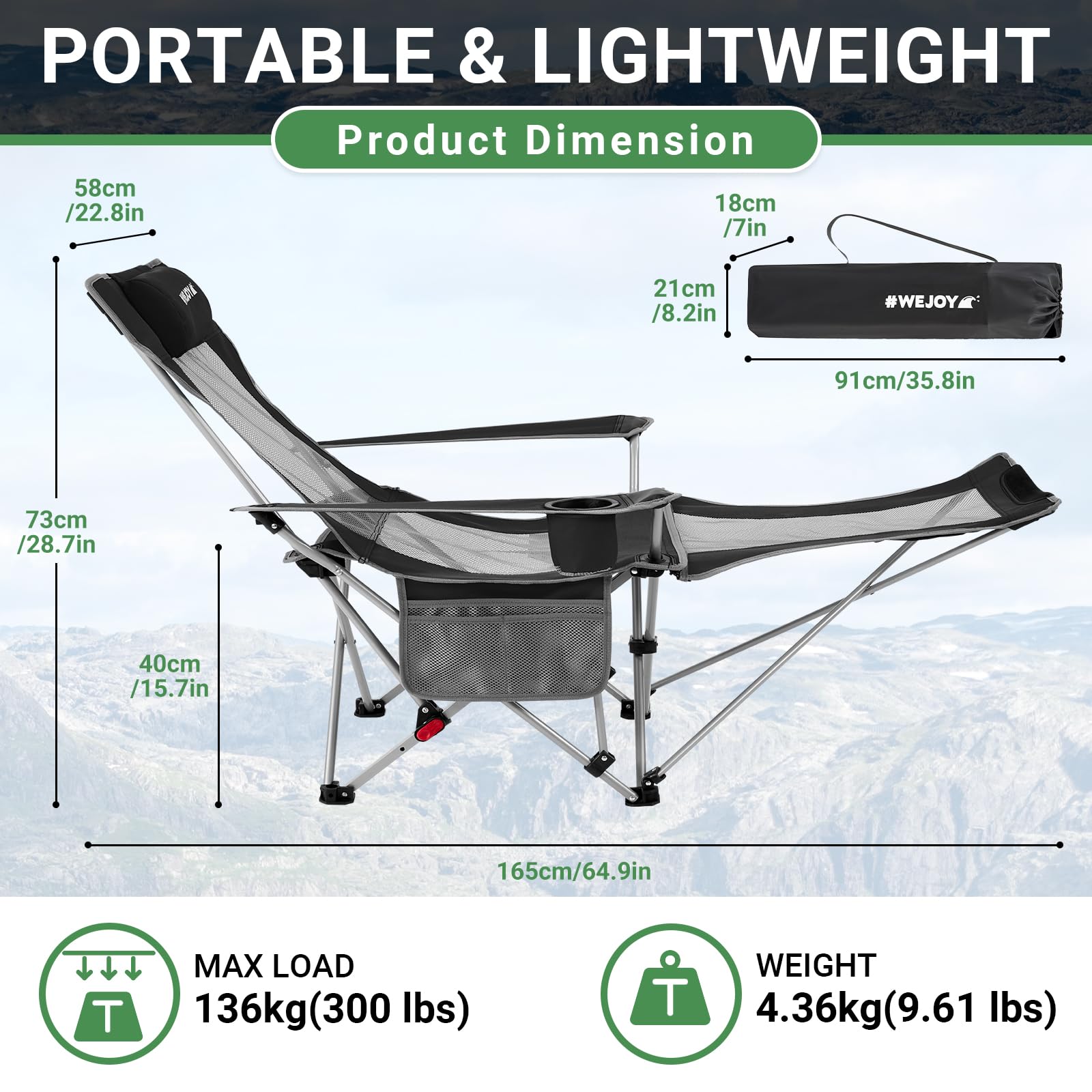 #WEJOY Camping Chairs Folding Recliner Chair Adjustable with Detachable Footrest Headrest Cup Holder Lightweight Portable Reclining Camp Chair Fold Up Chair for Outdoor Beach Garden, Cyan Set of 2
