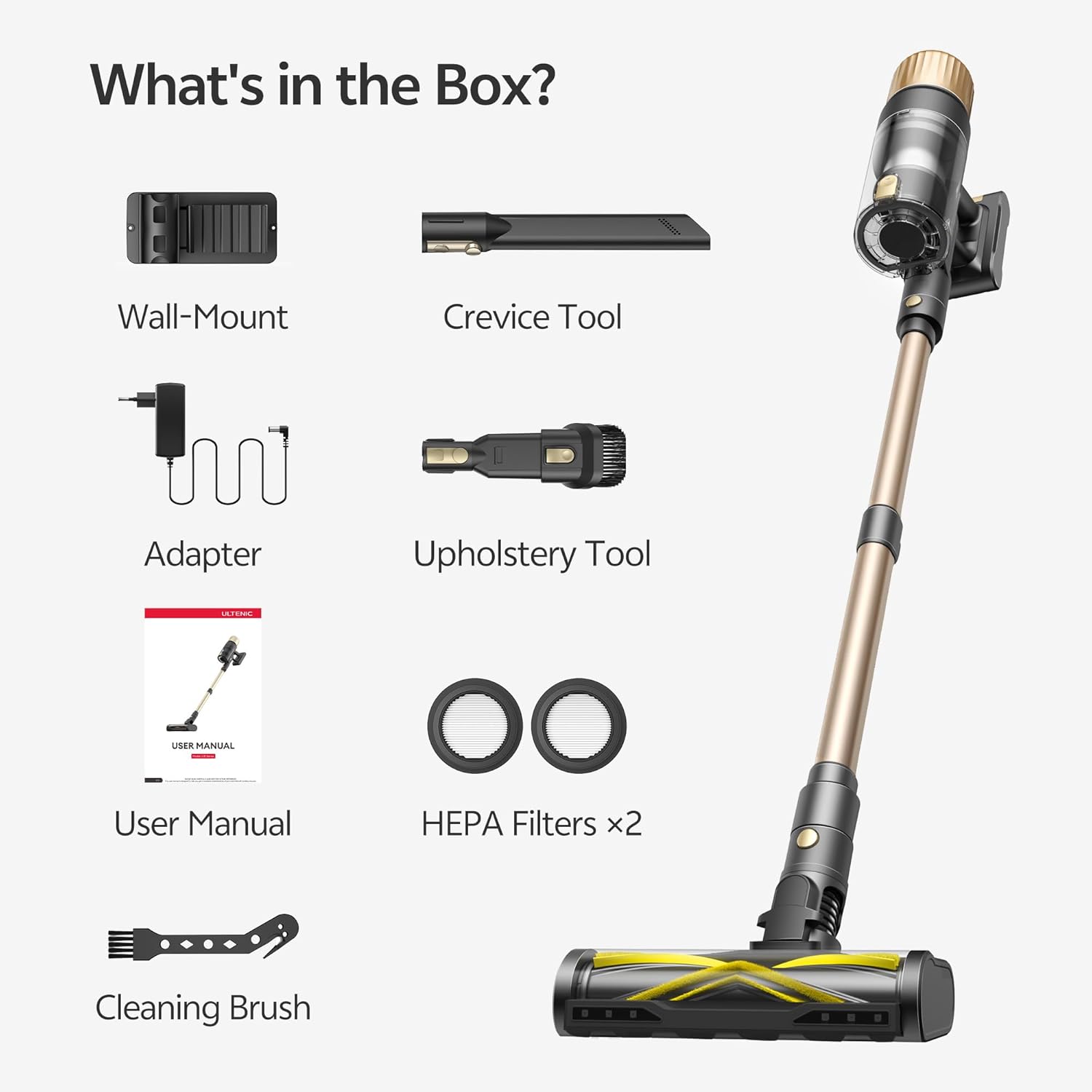 Ultenic U15 Cordless Vacuum Cleaner 50000Pa/65Min Runtime, Anti-tangle Brush with GreenEye Technology, Self Standing Stick Vacuum, Telescopic Tube, Ideal for All Floors, Carpet & Pet Hair