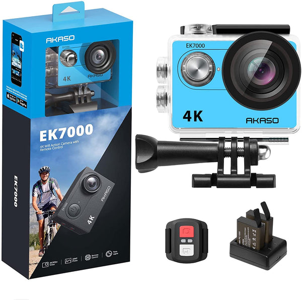 AKASO EK7000 Action Camera Floating Hand Grip Bundle - Includes 4K30FPS EK7000 Underwater Camera, Floating Hand Grip, 2 Batteries, Carrying Case, and Accessory Kits