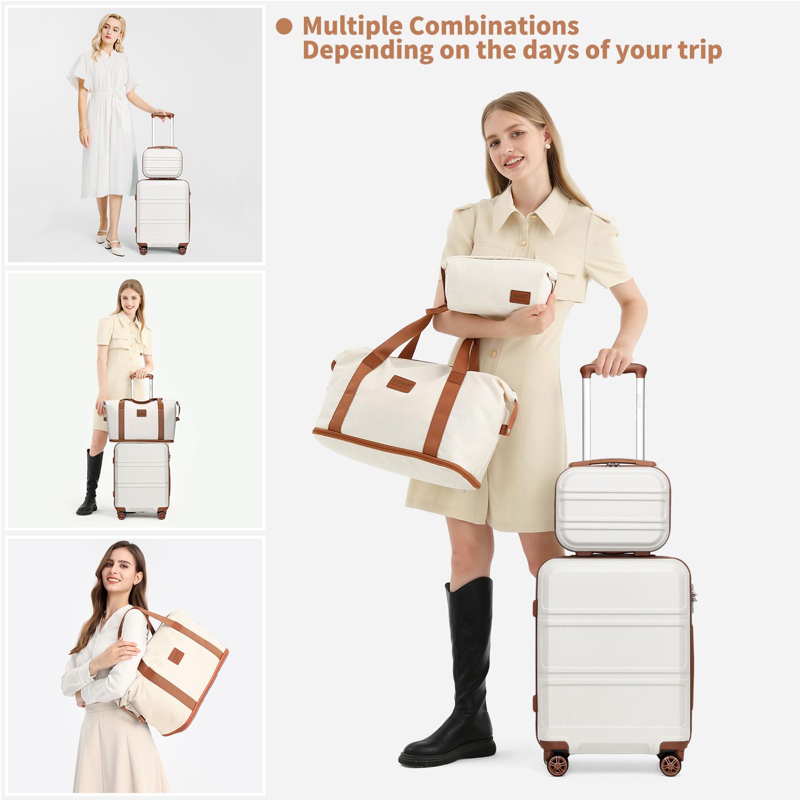 Kono Travel Luggage Sets of 6 Piece Lightweight ABS Hard Shell Trolley Case with TSA Combination Lock 20" 24" 28" Suitcase + 12" Beauty Case + Duffel Bag & Toiletry Bag (Cream White)