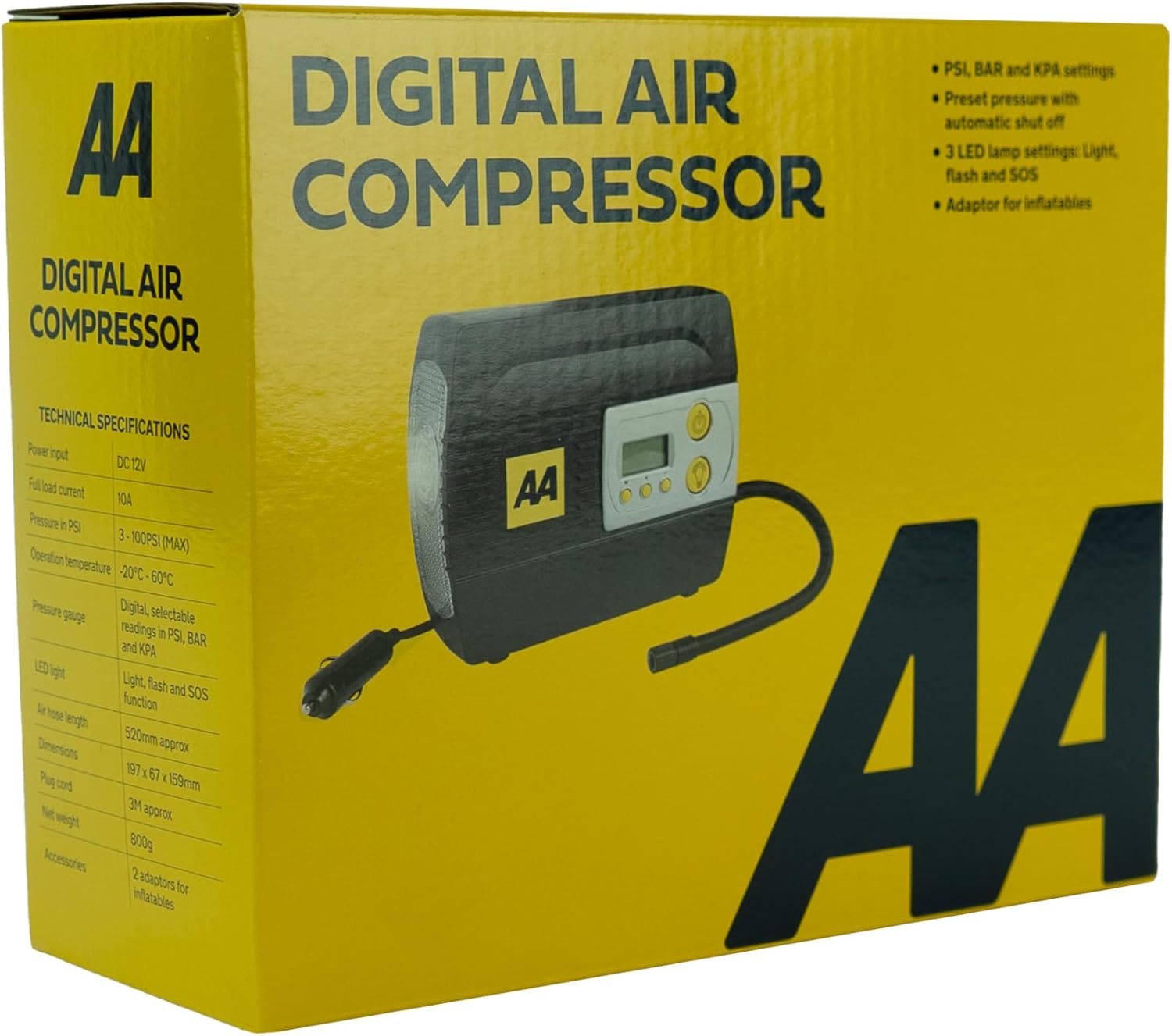 AA 12V Digital Tyre Inflator AA5502 – For Cars Other Vehicles Inflatables Bicycles - Shows PSI BAR KPA 3-100 PSI – Includes Adaptors, Black