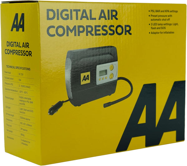 AA 12V Digital Tyre Inflator AA5502 – For Cars Other Vehicles Inflatables Bicycles - Shows PSI BAR KPA 3-100 PSI – Includes Adaptors, Black
