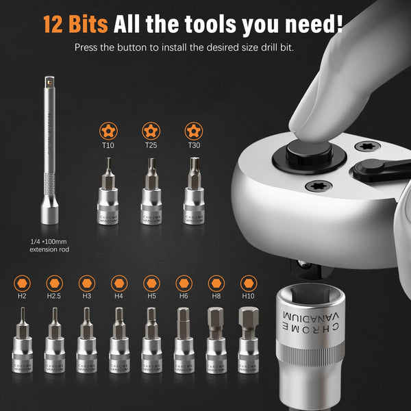13PCS Bike Torque Wrench Set 3-25 Nm, Small Torque Wrench 1/4 Drive, Dual-Direction Adjustable 72 Teeth, ±3% Accuracy, with Extension Bar, Socket Bits (Hex & Torx), for Mountain Bike, Bicycle Repair