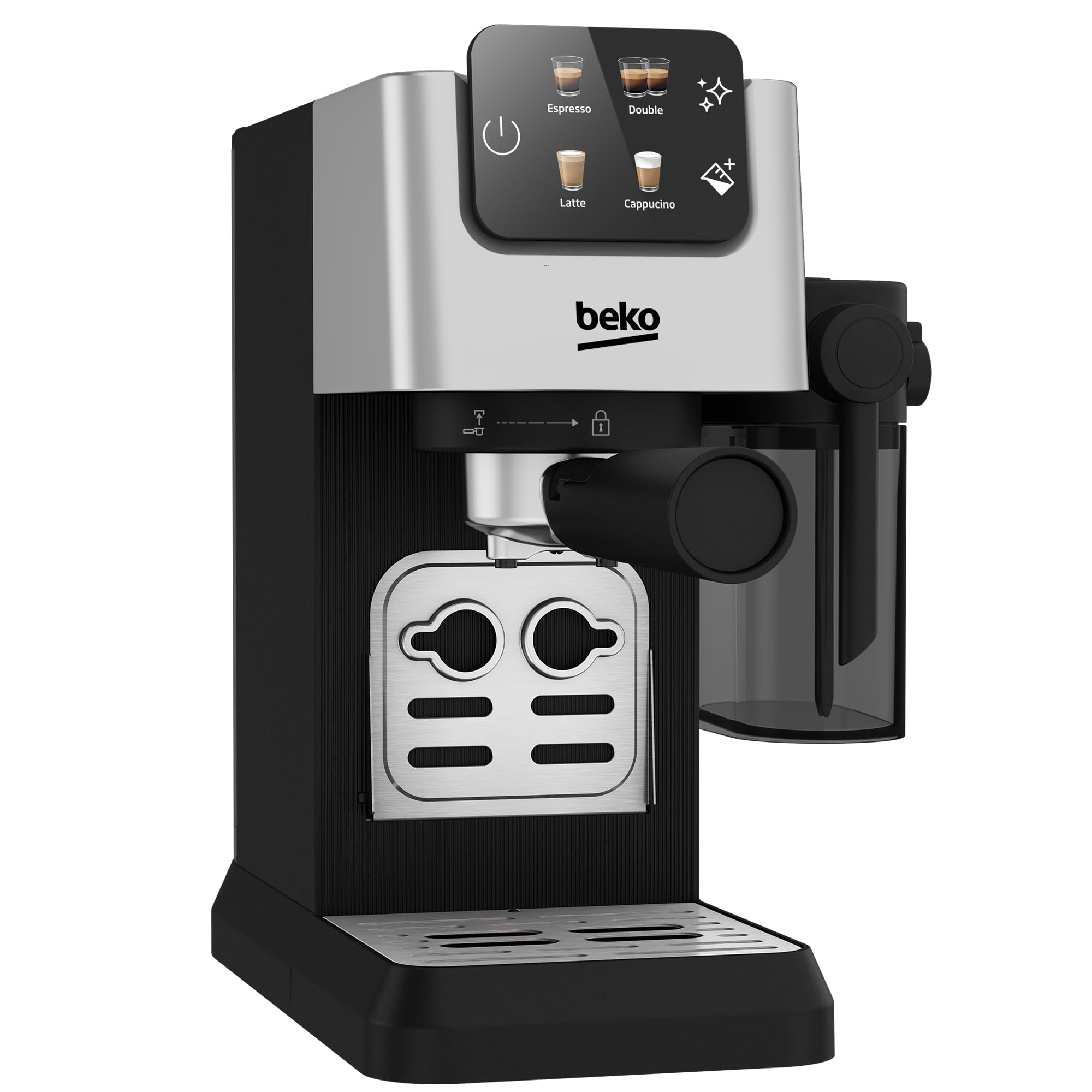 Beko CaffeExpertoTM CEP5304X Semi Automatic Espresso machine | Colour Touch Display | Integrated Milk Jug | Dual Nozzle | 15 Bar pressure | Silver | Easy cleaning