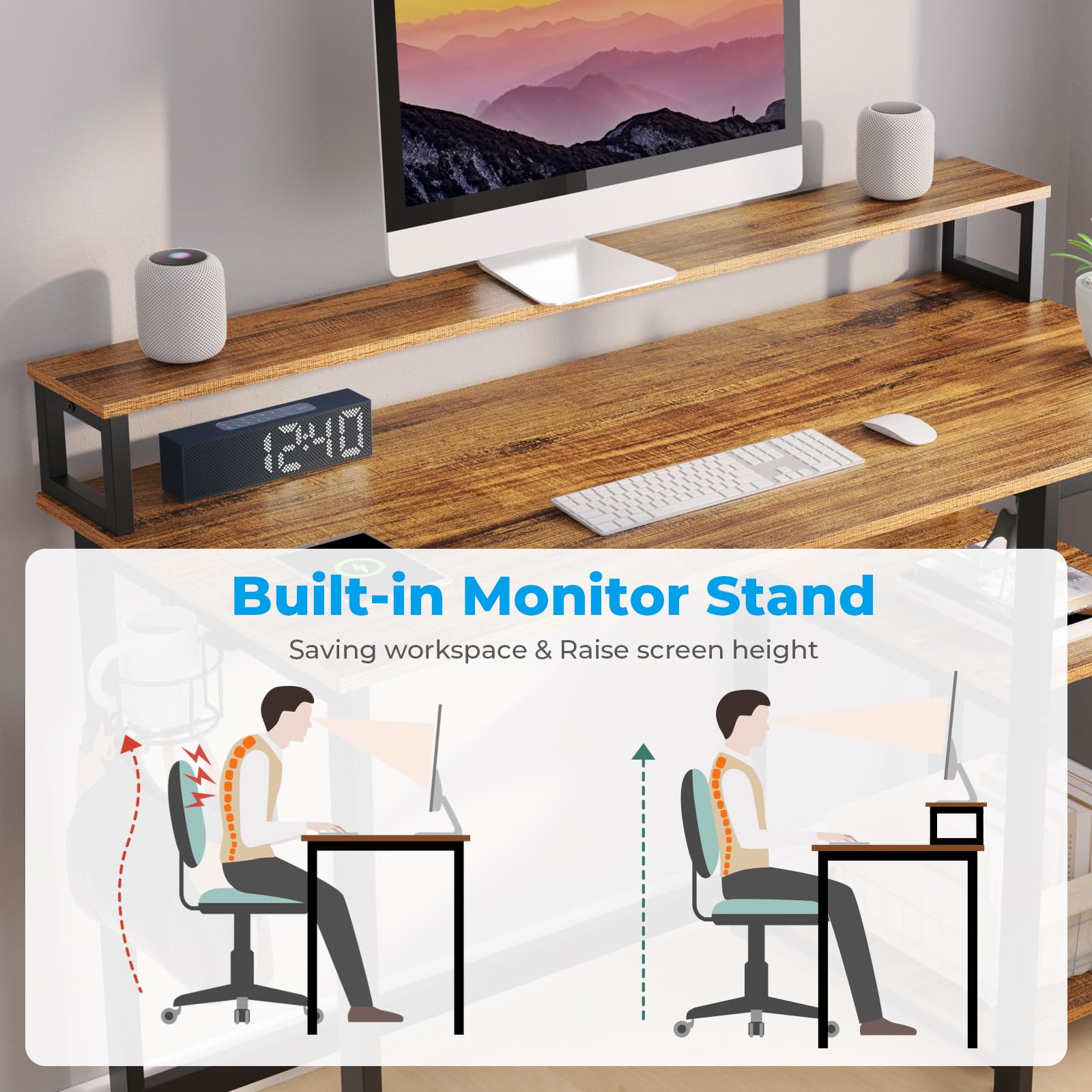 GreenForest Computer Desk with Full Monitor Stand,100 cm Home Office Desk with Reversible Storage Shelves,Small Study Desk with Headphone Hook and Cup