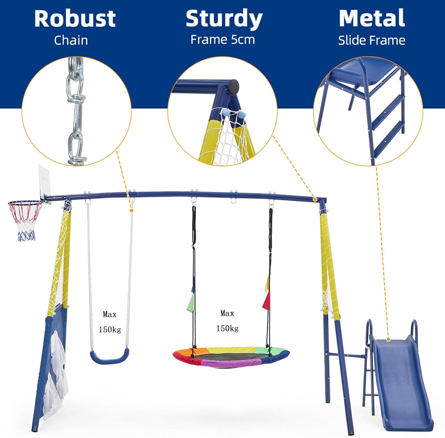 Aptliton Kids Swing set with Metal Frame, Nest Tree and Plastic Single Swing, Basketball Hoop, Slide, Backyard Playground Outdoor Play Frame Toy for children, Over 3 Years Old, Blue and Yellow