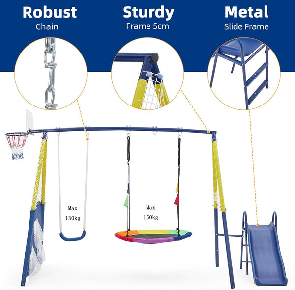 Aptliton Kids Swing set with Metal Frame, Nest Tree and Plastic Single Swing, Basketball Hoop, Slide, Backyard Playground Outdoor Play Frame Toy for children, Over 3 Years Old, Blue and Yellow
