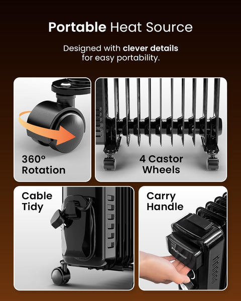 Pro Breeze Oil Filled Radiator with 11 Fins - Slim Electric Radiator - Portable Oil Heater with Built-in 24 Hour Timer, 3 Heat Settings, Adjustable Thermostat (White)