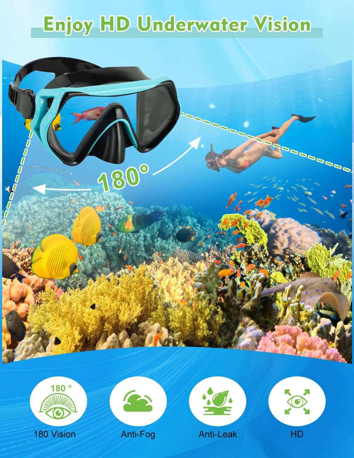 Hydomi Snorkel Set Adults 180° Panoramic Anti-Fog Snorkel Mask with Dry Top Valve, Leak-Proof Tempered Glass Diving Set for Swimming Snorkeling, Travel-Friendly Kit with Adjustable Straps