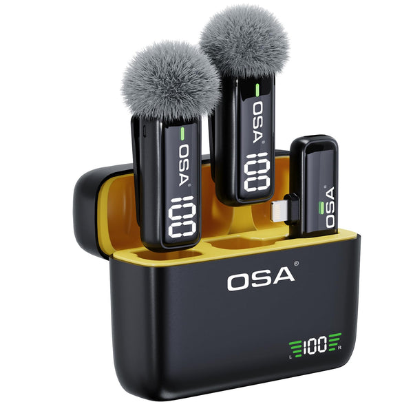 OSA Wireless Microphone for iPhone iPad with Smart Charge Case and Digital Display, 40H Clip on Wireless Lavalier Microphone with Noise Reduction for Video Recording, Plug & Play (2 Mic, 2 Recive)