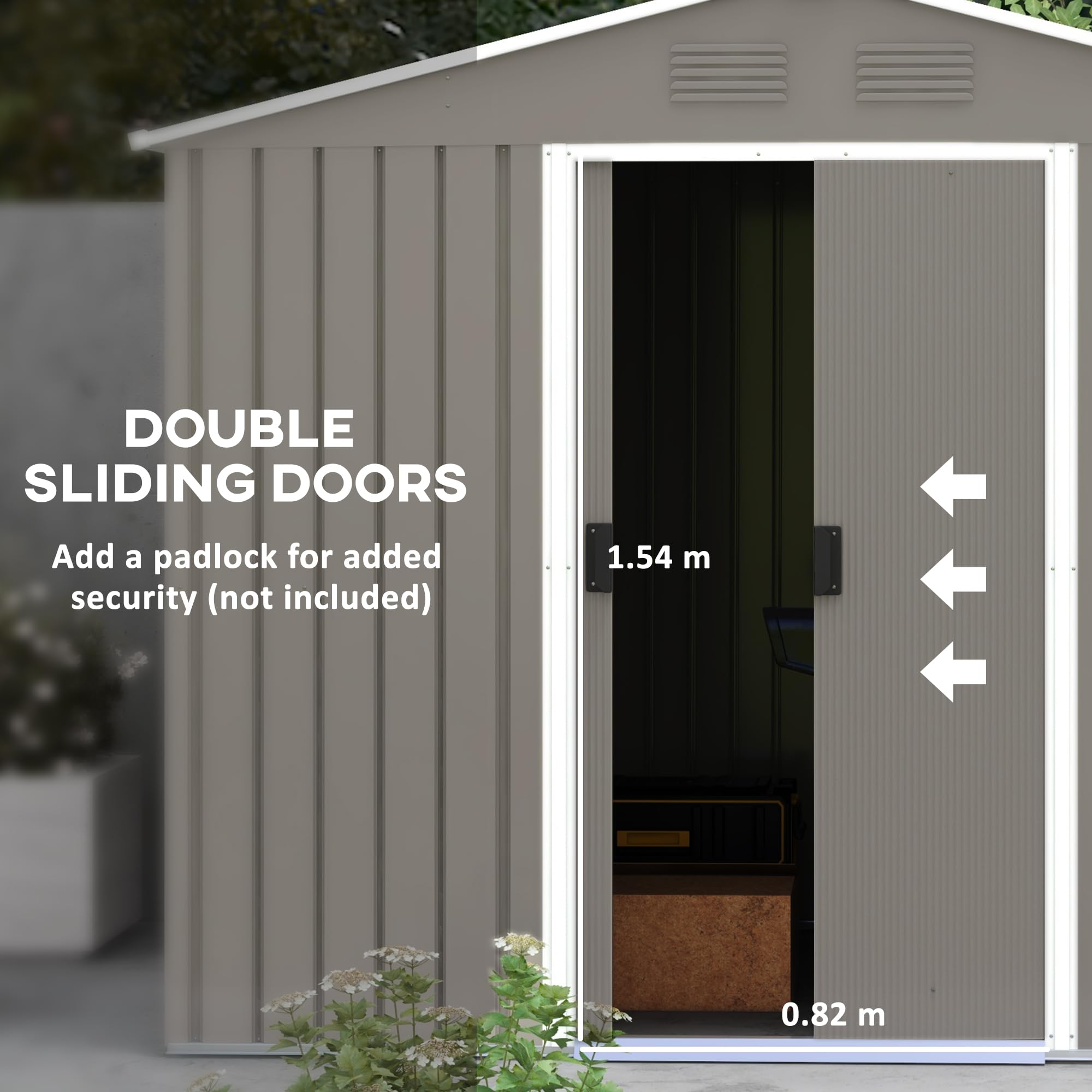 Outsunny 7.7 x 5.7ft Metal Garden Shed with Ventilation Slots and Sliding Doors, Galvanised Outdoor Tool Storage House, Grey