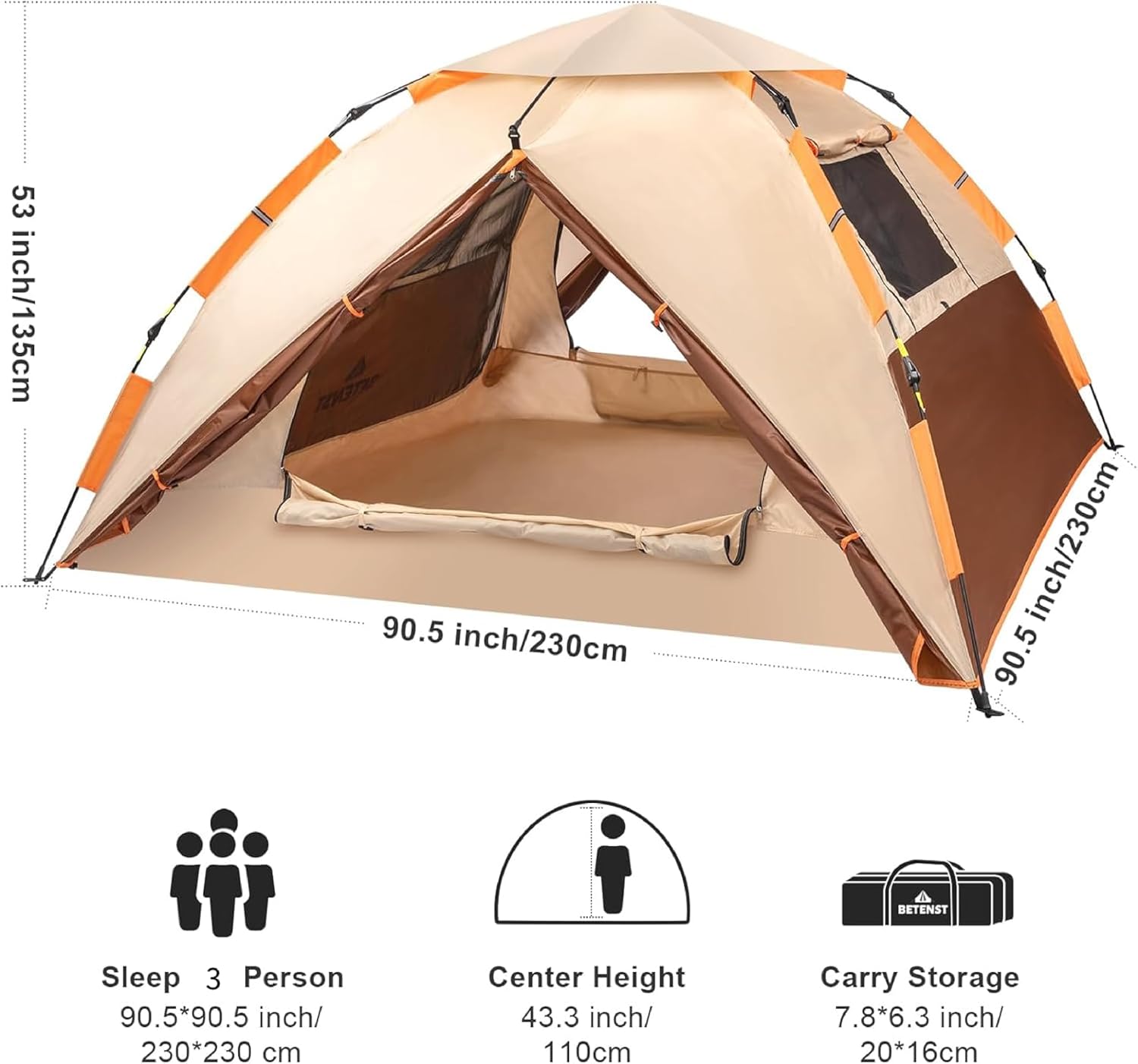 BETENST Camping Tent, Pop up Tent 3 Person Family Dome Tent Waterproof Windproof with 2 Mesh Doors, 2 Mesh Windows, Roof Skylights, 2 in 1 Double Layers, Storage Bag for Camping Hiking Backpacking