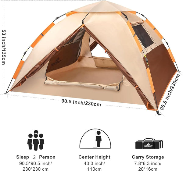 BETENST Camping Tent, Pop up Tent 3 Person Family Dome Tent Waterproof Windproof with 2 Mesh Doors, 2 Mesh Windows, Roof Skylights, 2 in 1 Double Layers, Storage Bag for Camping Hiking Backpacking