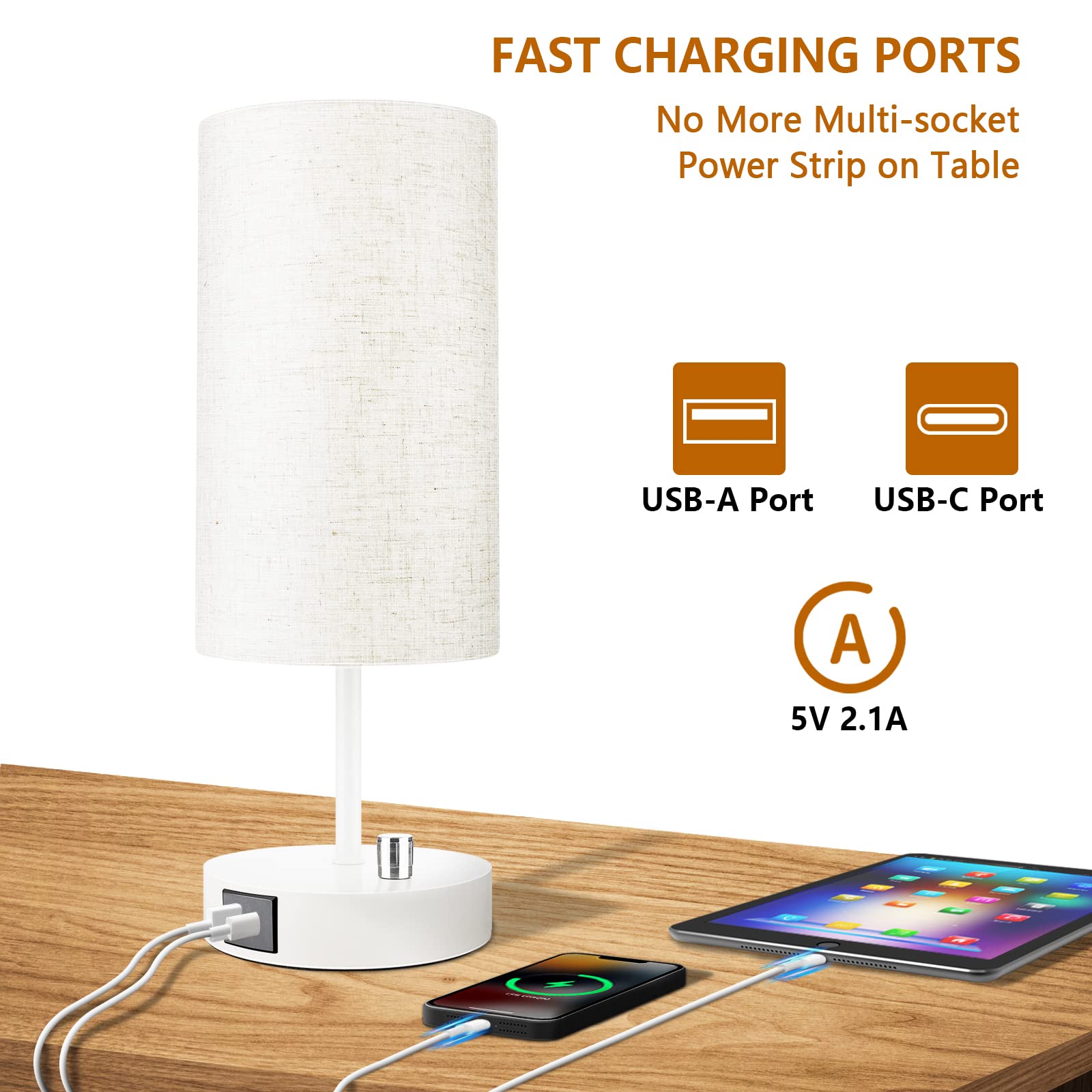 Allesgute Bedside Lamps Set of 2, 45cm Dimmable Table Lamp with USB A + C Charging Ports, Modern E27 Nightstand Light with Beige Shade for Bedroom